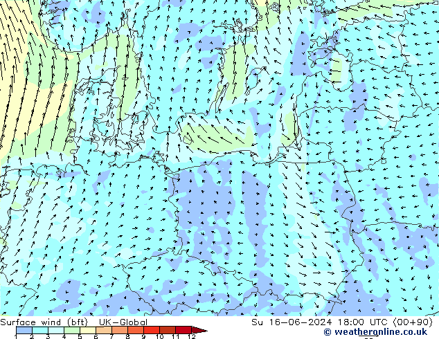 Surface wind (bft) UK-Global Ne 16.06.2024 18 UTC