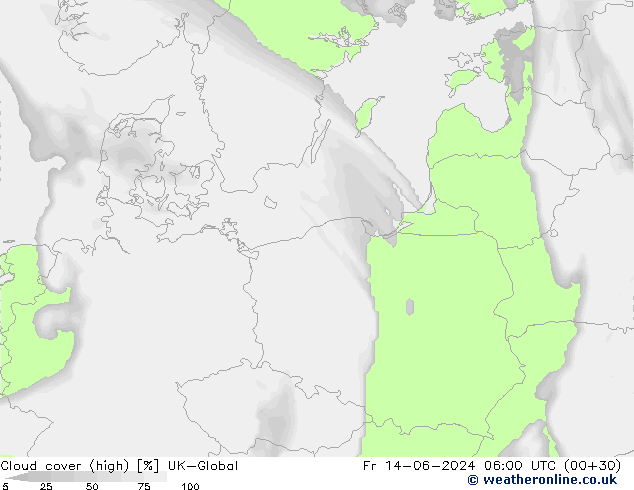 Cloud cover (high) UK-Global Fr 14.06.2024 06 UTC