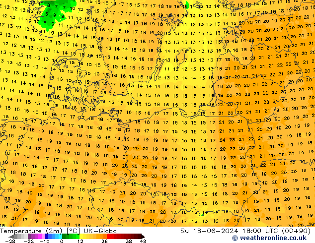 Temperature (2m) UK-Global Ne 16.06.2024 18 UTC