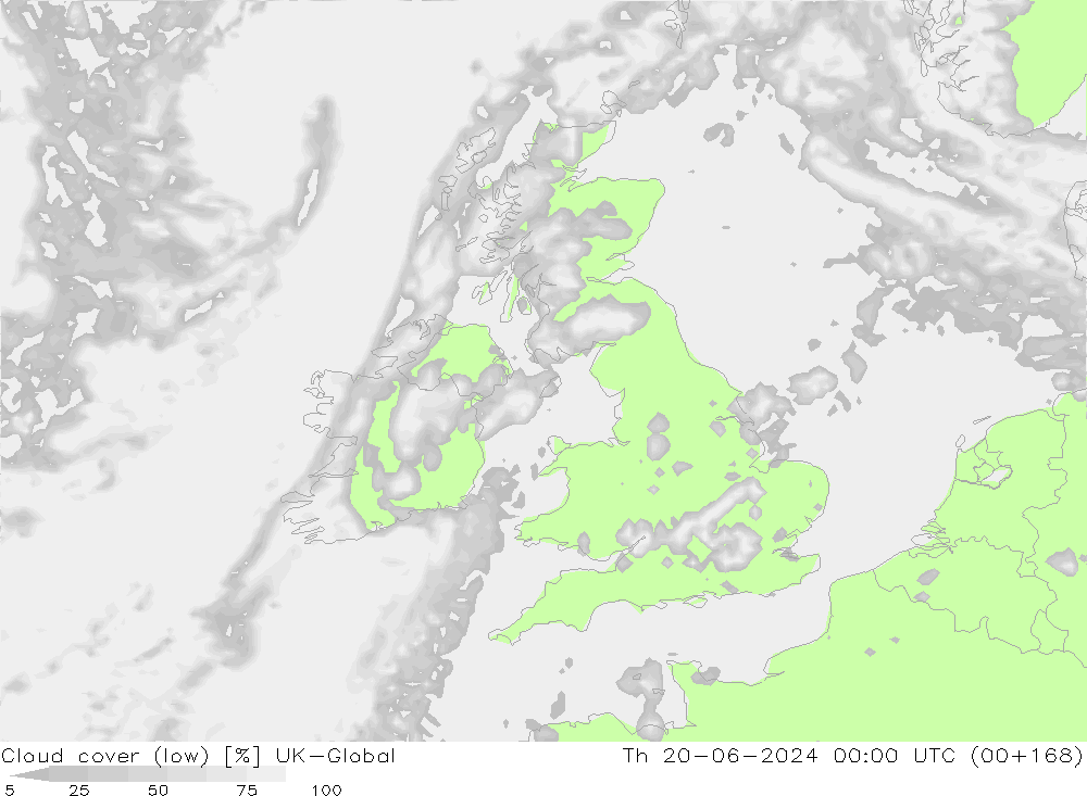 Cloud cover (low) UK-Global Th 20.06.2024 00 UTC