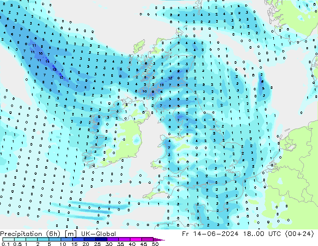 Precipitation (6h) UK-Global Fr 14.06.2024 00 UTC