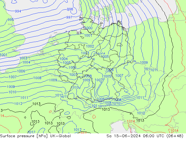 Atmosférický tlak UK-Global So 15.06.2024 06 UTC
