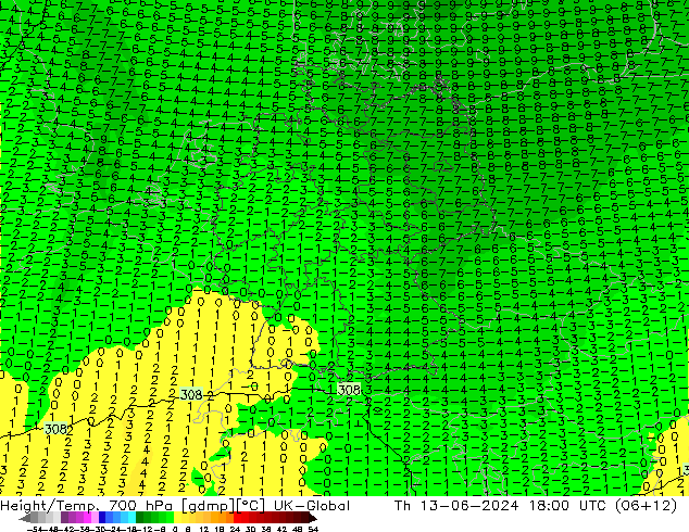 Height/Temp. 700 hPa UK-Global Do 13.06.2024 18 UTC