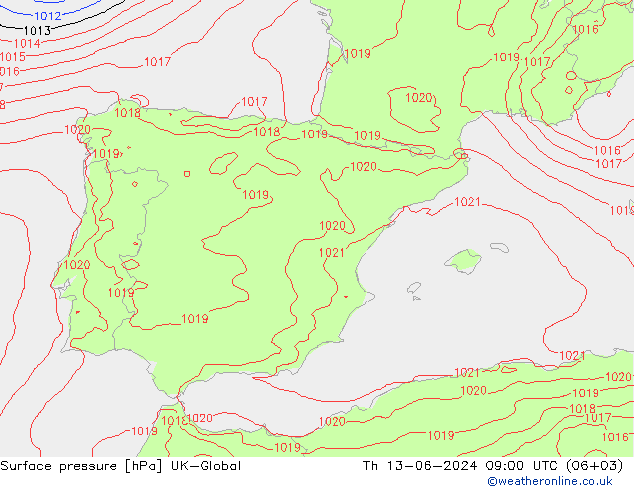 Presión superficial UK-Global jue 13.06.2024 09 UTC