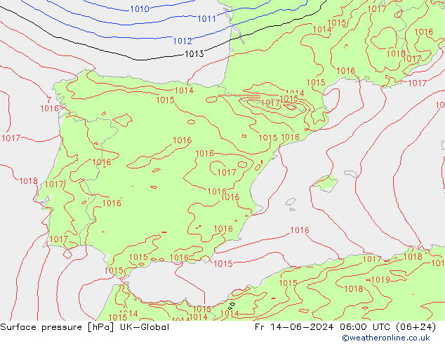 Presión superficial UK-Global vie 14.06.2024 06 UTC