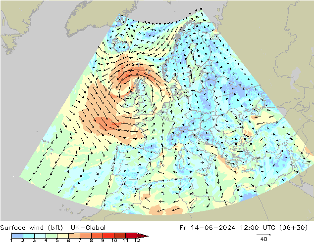 Vento 10 m (bft) UK-Global ven 14.06.2024 12 UTC