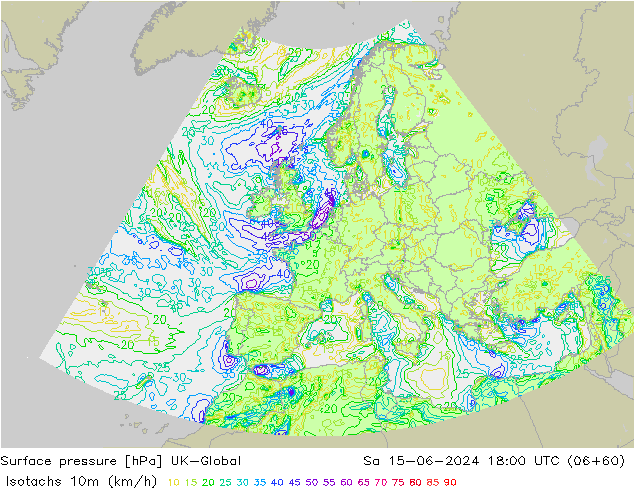 Isotachs (kph) UK-Global Sa 15.06.2024 18 UTC