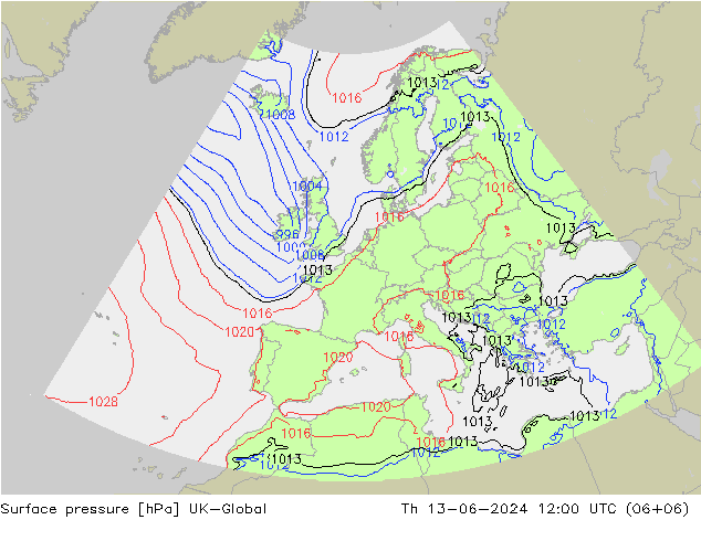 Pressione al suolo UK-Global gio 13.06.2024 12 UTC