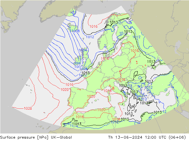 Presión superficial UK-Global jue 13.06.2024 12 UTC