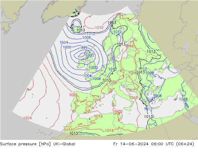 Pressione al suolo UK-Global ven 14.06.2024 06 UTC