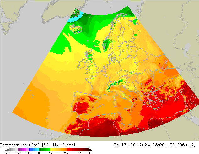 Temperature (2m) UK-Global Th 13.06.2024 18 UTC