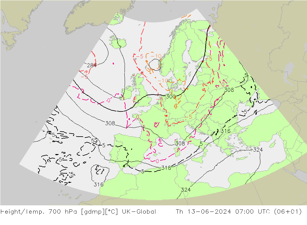 Height/Temp. 700 hPa UK-Global czw. 13.06.2024 07 UTC