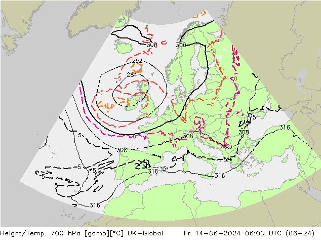 Height/Temp. 700 hPa UK-Global 星期五 14.06.2024 06 UTC