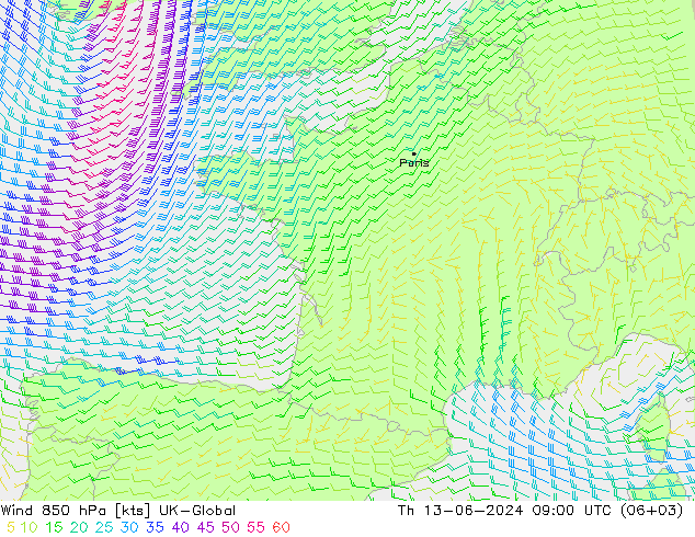 Wind 850 hPa UK-Global Do 13.06.2024 09 UTC