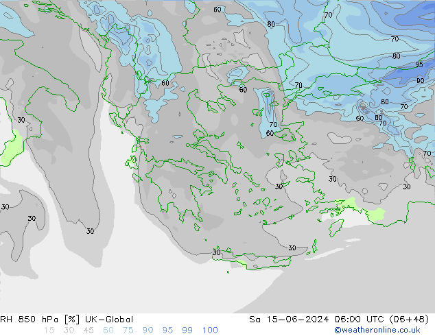 Humidité rel. 850 hPa UK-Global sam 15.06.2024 06 UTC