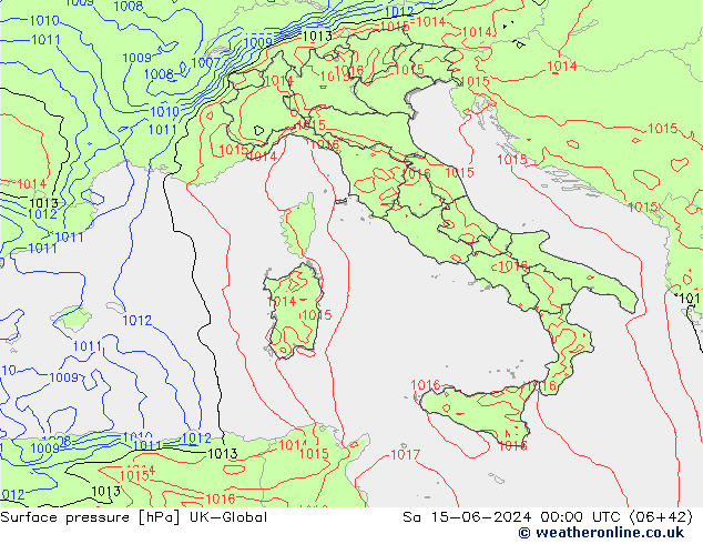 Pressione al suolo UK-Global sab 15.06.2024 00 UTC