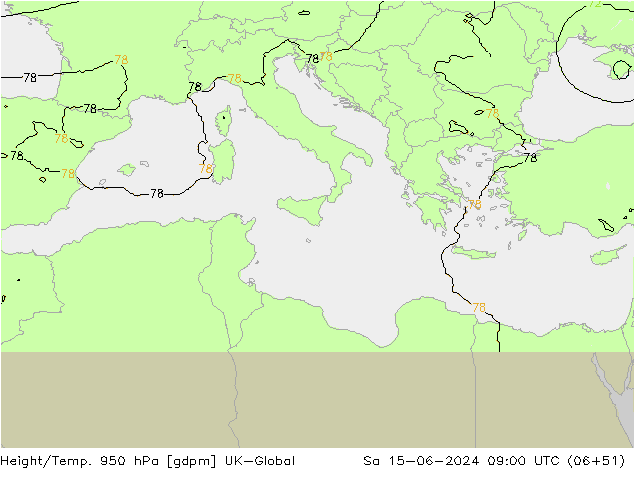 Height/Temp. 950 hPa UK-Global Sa 15.06.2024 09 UTC