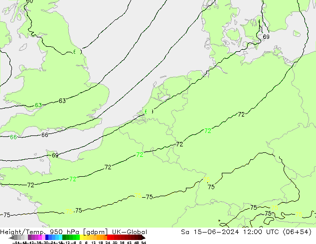 Height/Temp. 950 hPa UK-Global So 15.06.2024 12 UTC