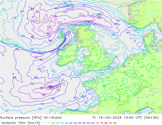 Isotachs (kph) UK-Global Fr 14.06.2024 12 UTC