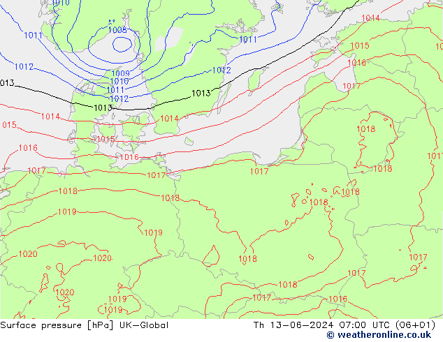 Surface pressure UK-Global Th 13.06.2024 07 UTC