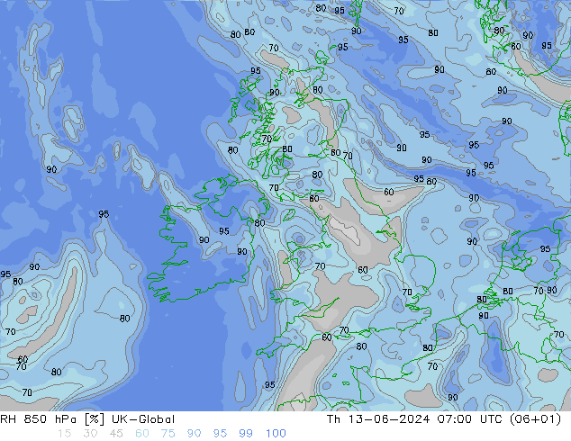 Humidité rel. 850 hPa UK-Global jeu 13.06.2024 07 UTC