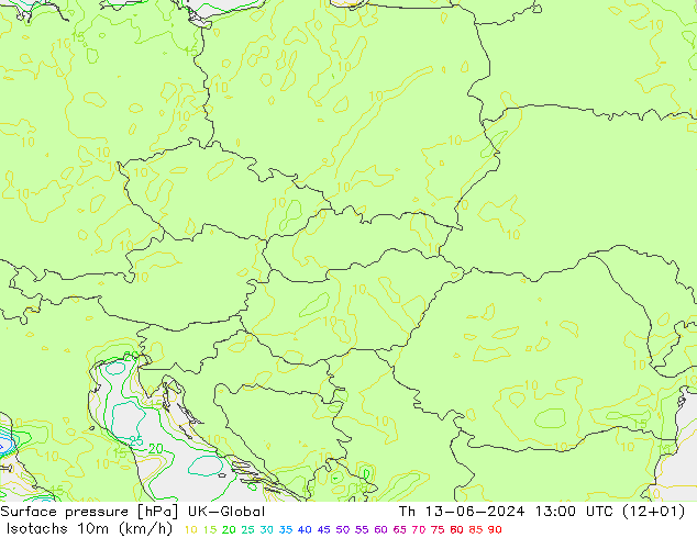 Isotachs (kph) UK-Global Th 13.06.2024 13 UTC