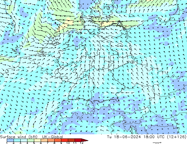 Vento 10 m (bft) UK-Global mar 18.06.2024 18 UTC