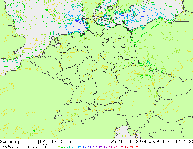 Isotachs (kph) UK-Global mer 19.06.2024 00 UTC