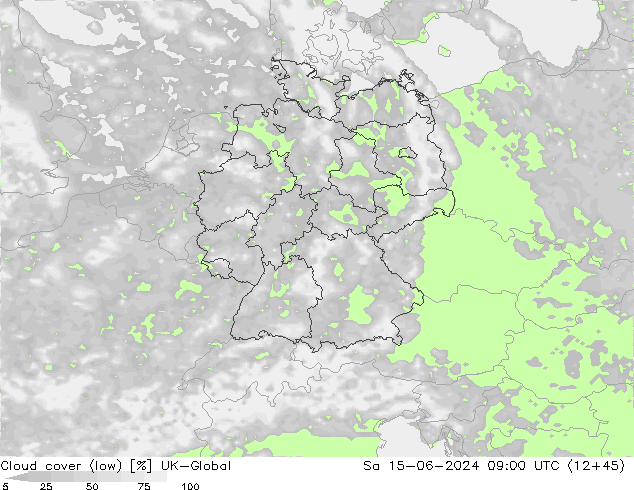 Cloud cover (low) UK-Global Sa 15.06.2024 09 UTC