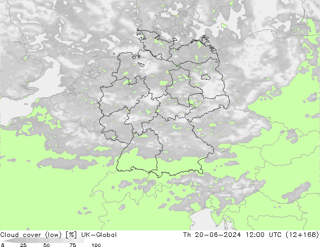 Cloud cover (low) UK-Global Th 20.06.2024 12 UTC