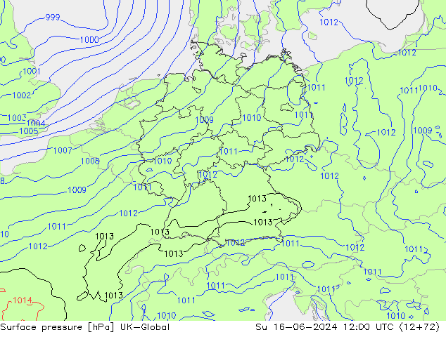Pressione al suolo UK-Global dom 16.06.2024 12 UTC