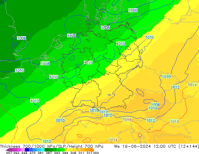 Thck 700-1000 hPa UK-Global  19.06.2024 12 UTC