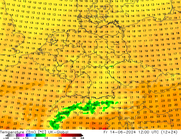 Temperaturkarte (2m) UK-Global Fr 14.06.2024 12 UTC