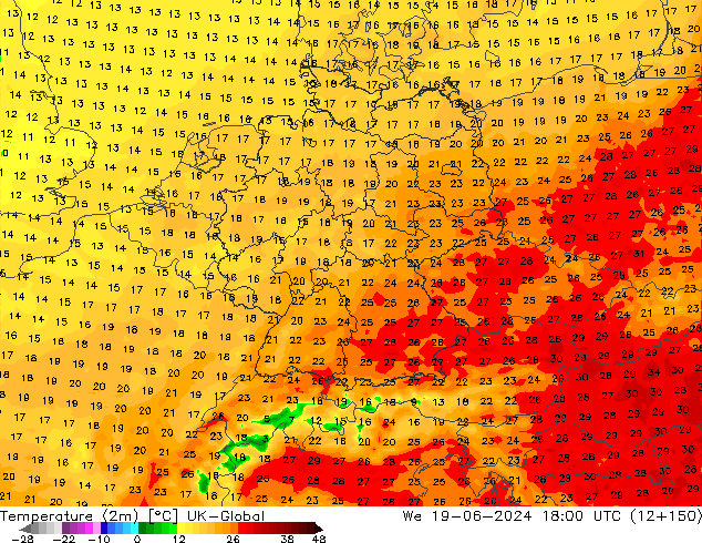 Temperaturkarte (2m) UK-Global Mi 19.06.2024 18 UTC