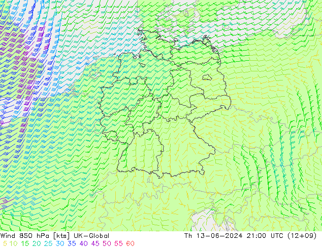 Rüzgar 850 hPa UK-Global Per 13.06.2024 21 UTC