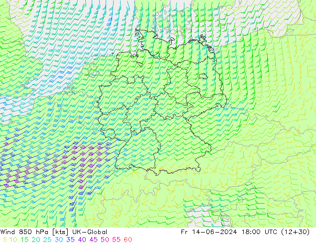 Wind 850 hPa UK-Global Fr 14.06.2024 18 UTC