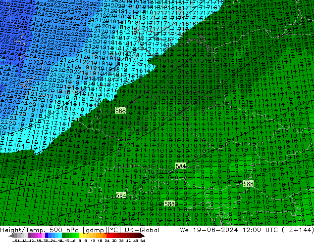 Height/Temp. 500 hPa UK-Global We 19.06.2024 12 UTC