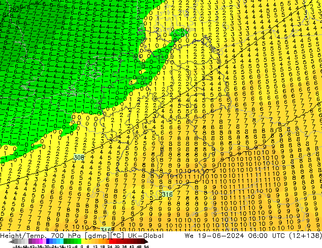 Height/Temp. 700 hPa UK-Global  19.06.2024 06 UTC