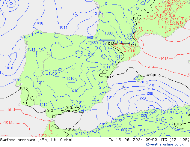 Surface pressure UK-Global Tu 18.06.2024 00 UTC