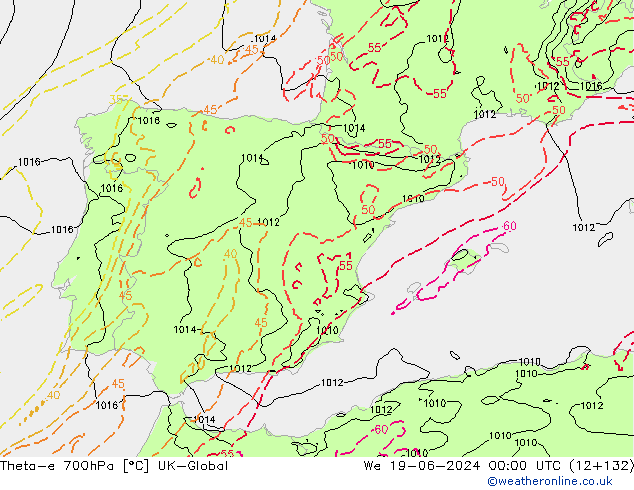 Theta-e 700hPa UK-Global mié 19.06.2024 00 UTC