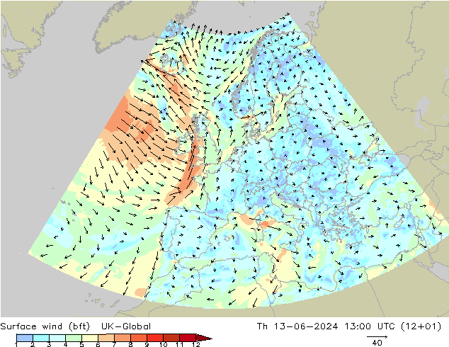 Bodenwind (bft) UK-Global Do 13.06.2024 13 UTC