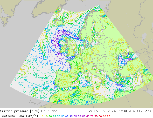 Isotachs (kph) UK-Global Sa 15.06.2024 00 UTC