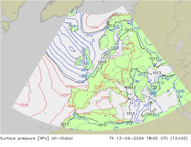 Atmosférický tlak UK-Global Čt 13.06.2024 18 UTC
