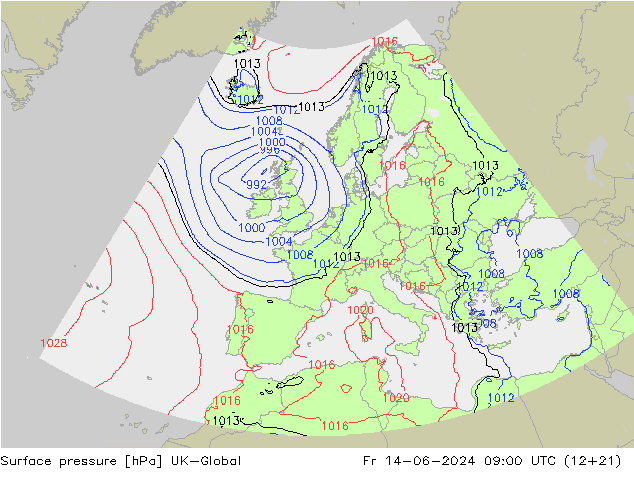 Pressione al suolo UK-Global ven 14.06.2024 09 UTC