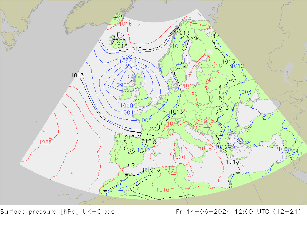 Atmosférický tlak UK-Global Pá 14.06.2024 12 UTC