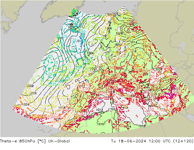 Theta-e 850hPa UK-Global Tu 18.06.2024 12 UTC
