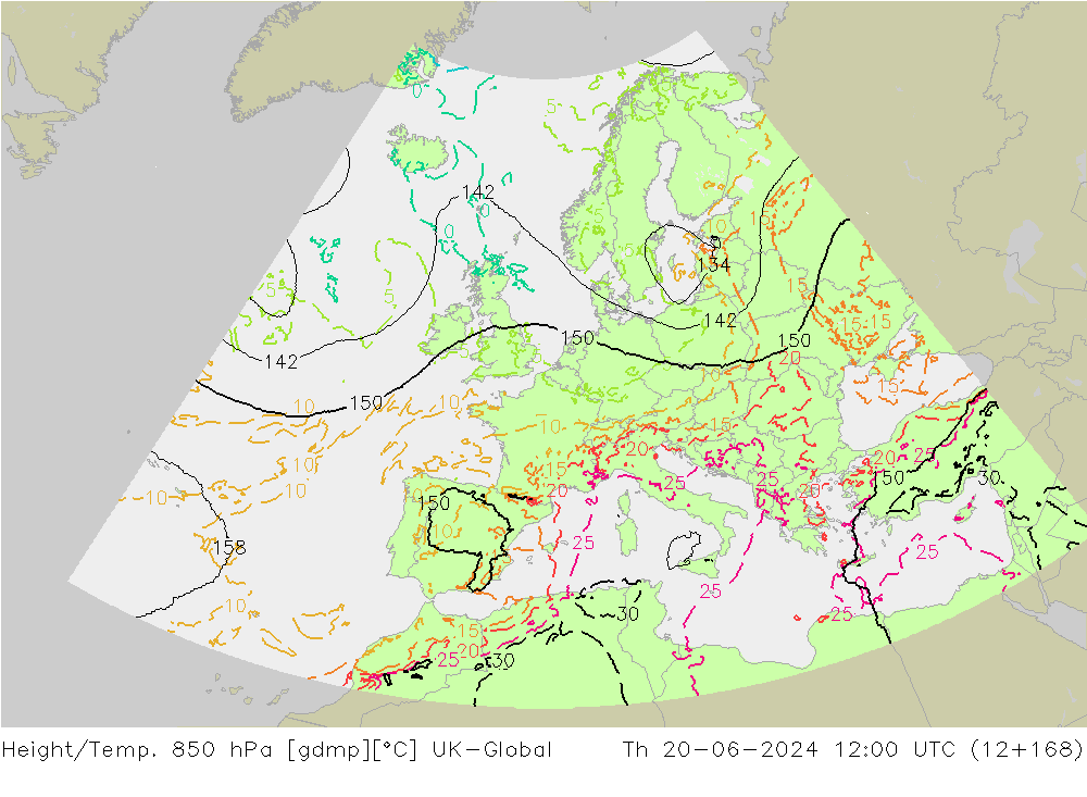 Height/Temp. 850 hPa UK-Global Qui 20.06.2024 12 UTC