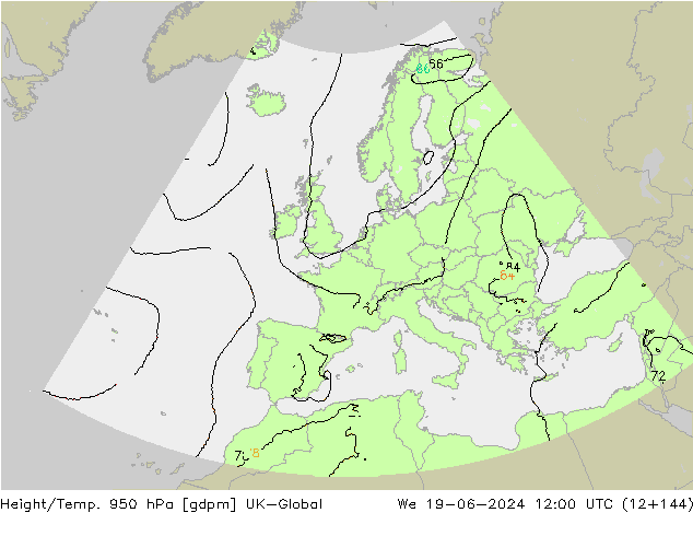 Height/Temp. 950 hPa UK-Global St 19.06.2024 12 UTC
