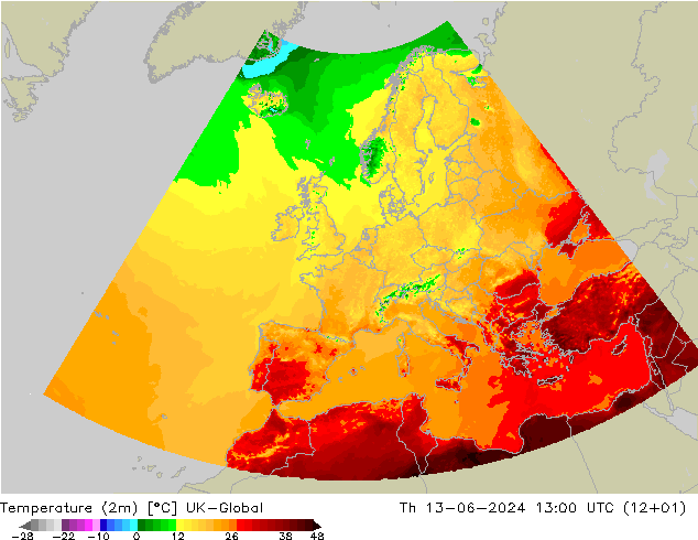 Temperatura (2m) UK-Global jue 13.06.2024 13 UTC