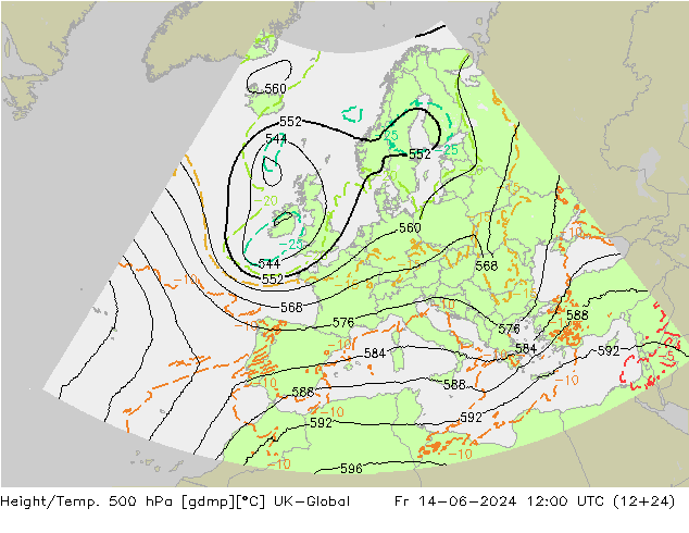 Height/Temp. 500 hPa UK-Global ven 14.06.2024 12 UTC